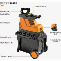 JOORRT Garden Shredder 2500W, Low Noise Electric Garden Shredder, Adjustable Cutting Size, Max.45mm Cutting Capacity, 55L Collection Box, Garden Chippers With Wheels 8 JOORRT Garden Shredder 2500W, Low Noise Electric Garden Shredder, Adjustable Cutting Size, Max.45mm Cutting Capacity, 55L Collection Box, Garden Chippers With Wheels -Häcksler Verkäufe 67932605 2